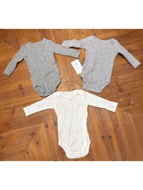 Baby Kiss 3-Pack Long-Sleeve Ribbed Bodysuits 0-3M 100% Cotton Neutral Gray & Wh
